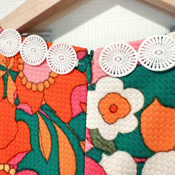 Eliza J 60's Mod Style Green Pink Floral Flower Print Embroidered Dress 2 Retro - Picture 5 of 10